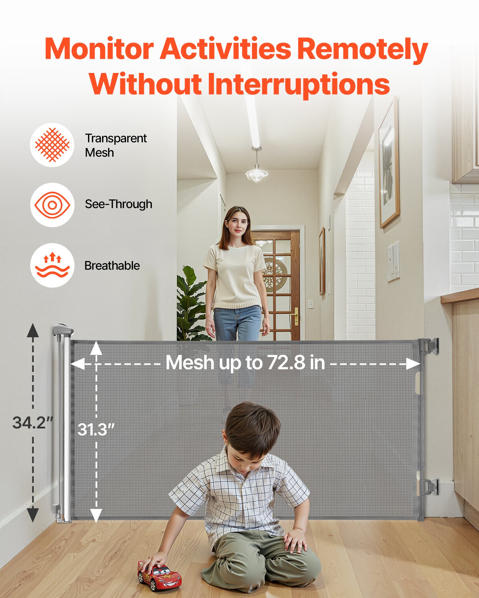 VEVOR Retractable Baby Gate, Extends to 1850 mm Wide, 795 mm Tall, with Security Lock, Easy to Use, Walk Through Without Tripping, Mesh Dog Gate for Stairs, Hallways, Indoor/Outdoor, Gray