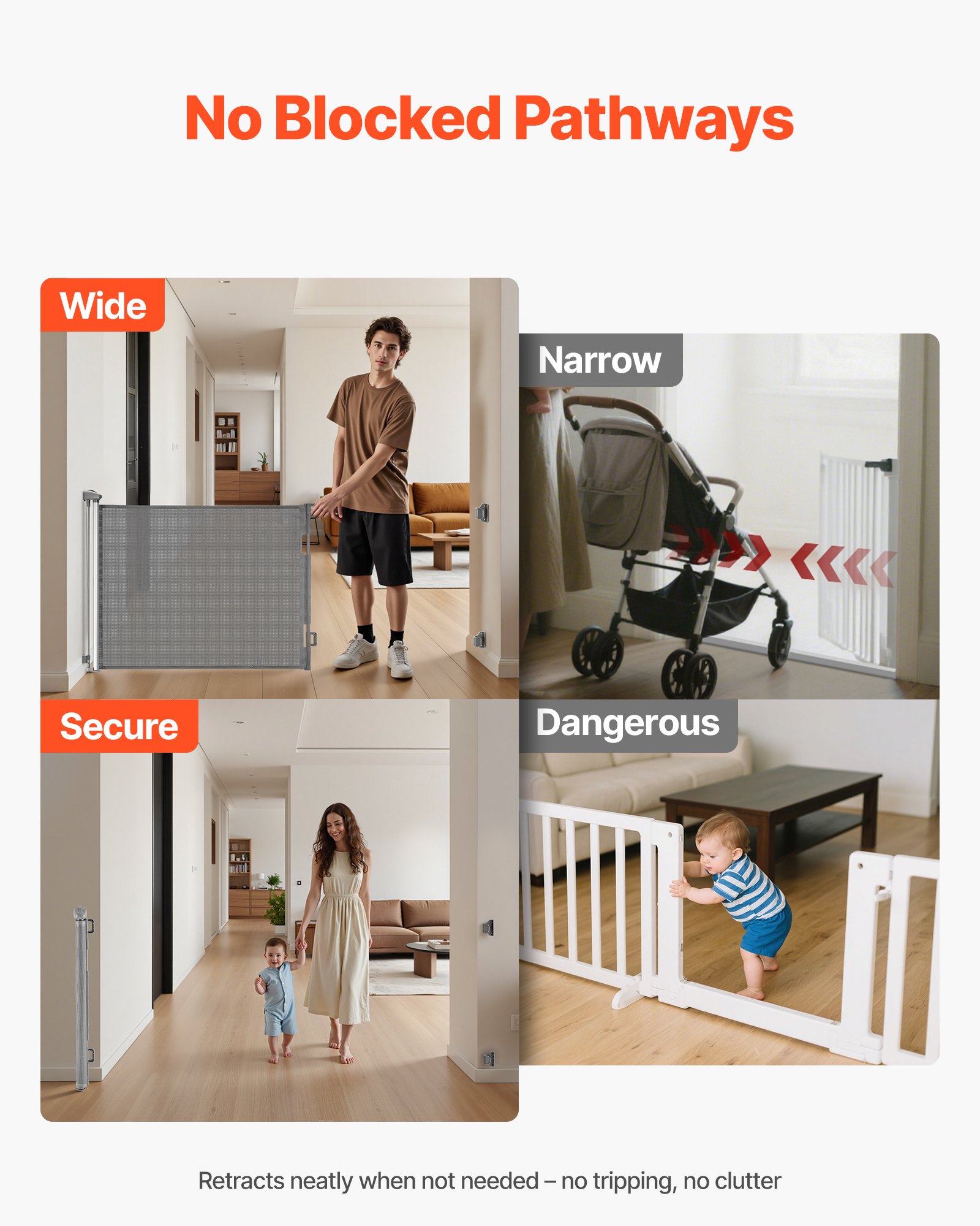 VEVOR Retractable Baby Gate, Extends to 1850 mm Wide, 795 mm Tall, with Security Lock, Easy to Use, Walk Through Without Tripping, Mesh Dog Gate for Stairs, Hallways, Indoor/Outdoor, Gray