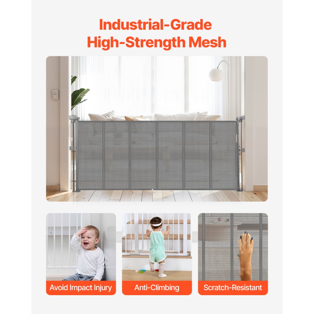 VEVOR Retractable Baby Gate, 870 mm Tall, Extends up to 1800 mm Wide, Retractable Gate for Kids or Pets, Mesh Material, Easy to Install for Indoor Stairs, Doorways, Hallways, Playrooms, Gray
