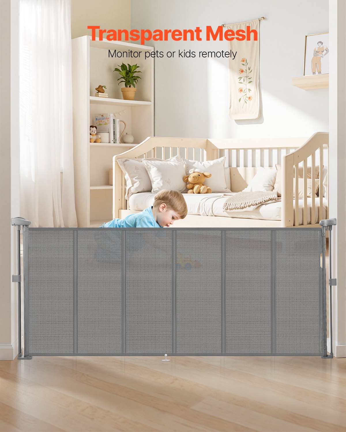 VEVOR Retractable Baby Gate, 870 mm Tall, Extends up to 1800 mm Wide, Retractable Gate for Kids or Pets, Mesh Material, Easy to Install for Indoor Stairs, Doorways, Hallways, Playrooms, Gray