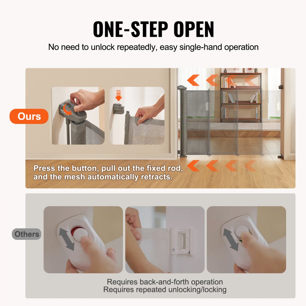 VEVOR Retractable Baby Gate, 86.9 cm Tall Mesh Baby Gate, Extends up to 195.1 cm Wide Retractable Gate for Kids or Pets, Retractable Dog Gates for Indoor Stairs, Doorways, Hallways, Playrooms, Gray