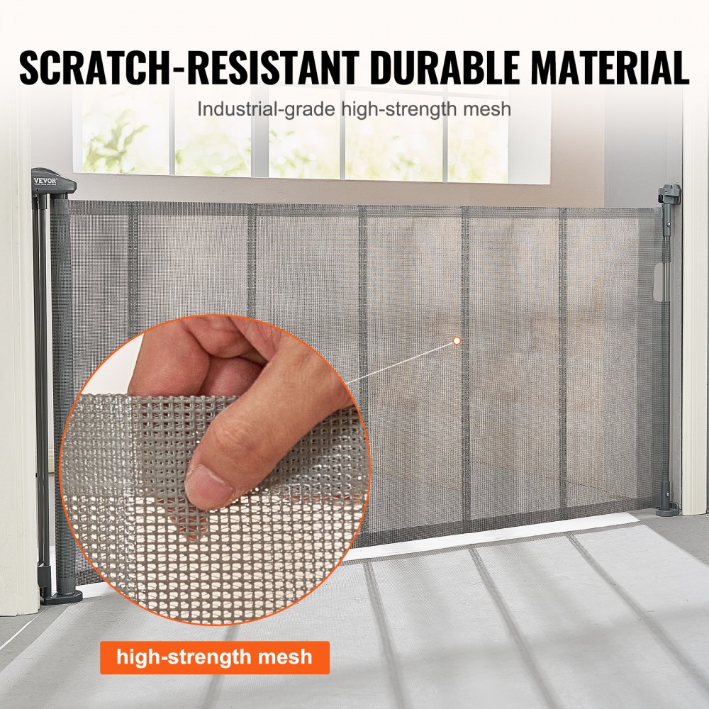 VEVOR Retractable Baby Gate, 86.9 cm Tall Mesh Baby Gate, Extends up to 195.1 cm Wide Retractable Gate for Kids or Pets, Retractable Dog Gates for Indoor Stairs, Doorways, Hallways, Playrooms, Gray