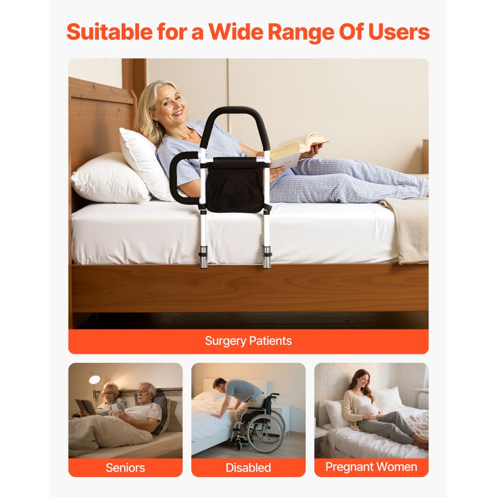 VEVOR Bed Rail for Elderly, Bedside Assist Rails with Side Handle and PU Handrail, Adjustable Height Carbon Steel Pipe Bedside Cane, Bed Bars for Seniors & Patients, Fits King, Queen, Full, Twin