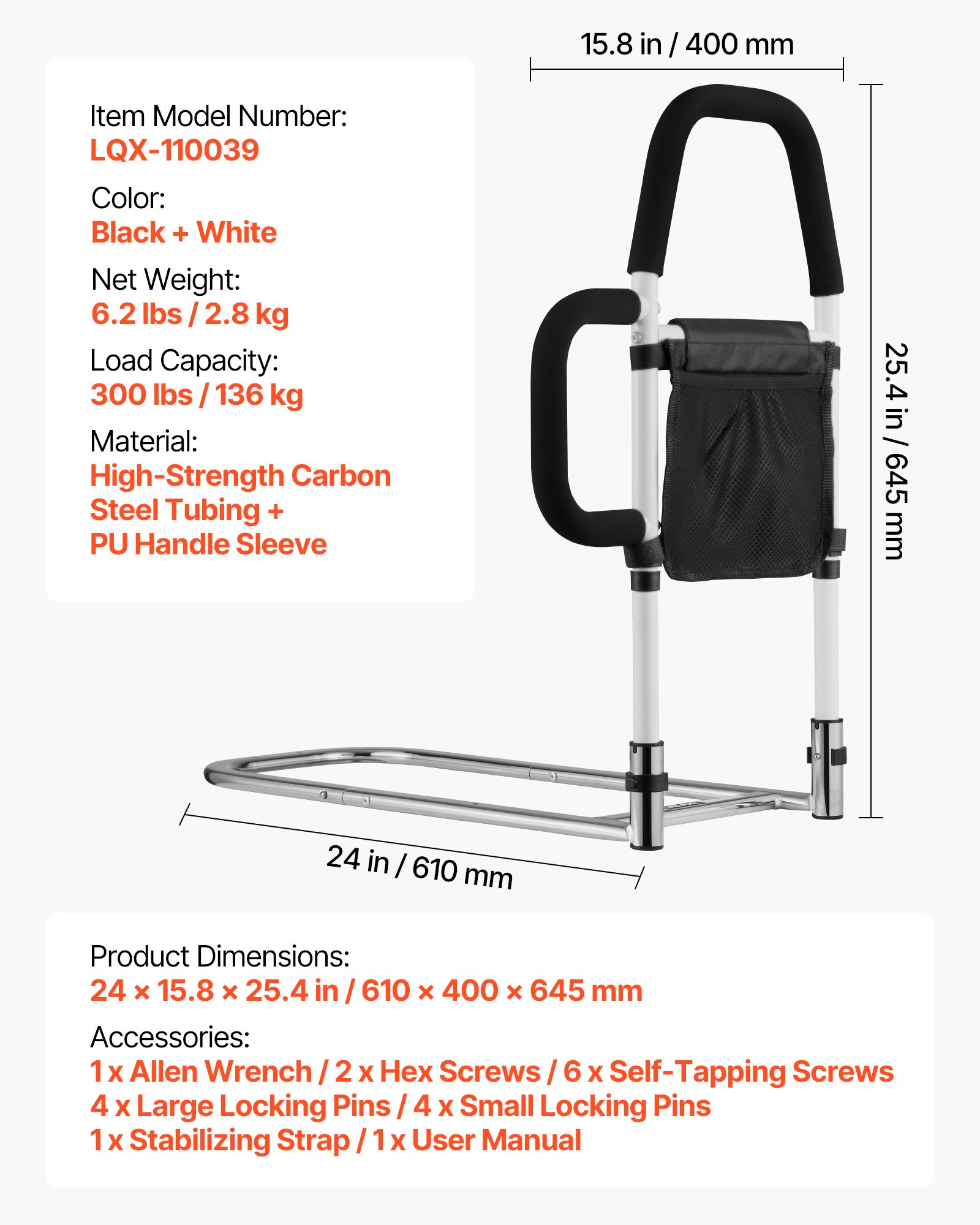 VEVOR Bed Rail for Elderly, Bedside Assist Rails with Side Handle and PU Handrail, Adjustable Height Carbon Steel Pipe Bedside Cane, Bed Bars for Seniors & Patients, Fits King, Queen, Full, Twin