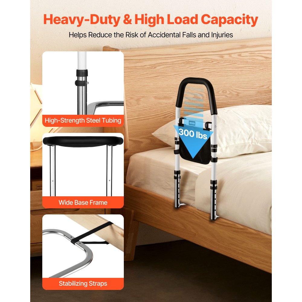 VEVOR Bed Rail for Elderly, Bedside Assist Rails with PU Handrail, Adjustable Height Pipe Bedside Cane, High-Strength Carbon Steel Bed Bars for Seniors & Patients, Fits King, Queen, Full, Twin