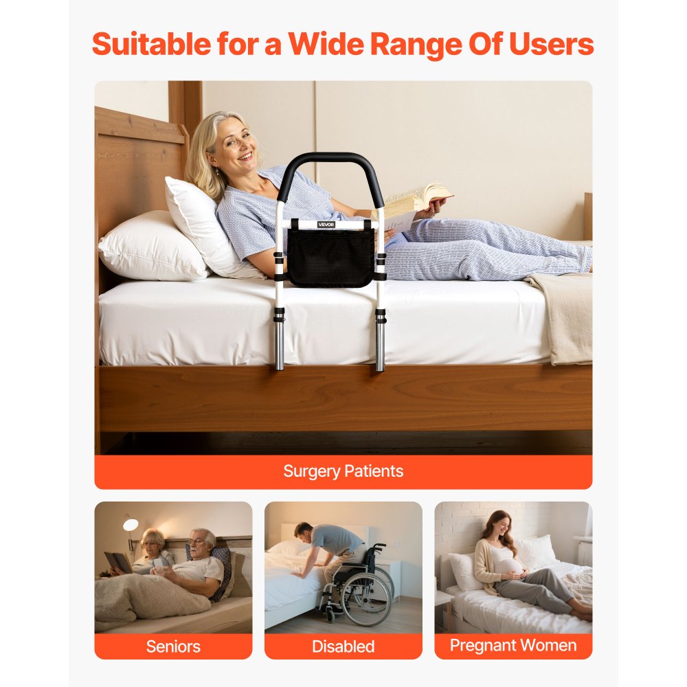 VEVOR Bed Rail for Elderly, Bedside Assist Rails with PU Handrail, Adjustable Height Pipe Bedside Cane, High-Strength Carbon Steel Bed Bars for Seniors & Patients, Fits King, Queen, Full, Twin