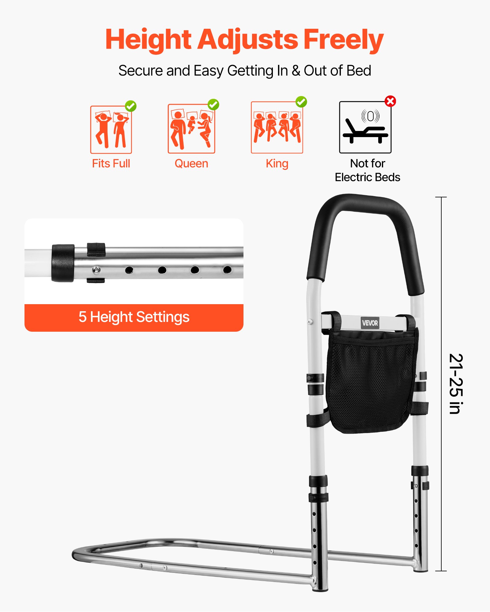 VEVOR Bed Rail for Elderly, Bedside Assist Rails with PU Handrail, Adjustable Height Pipe Bedside Cane, High-Strength Carbon Steel Bed Bars for Seniors & Patients, Fits King, Queen, Full, Twin