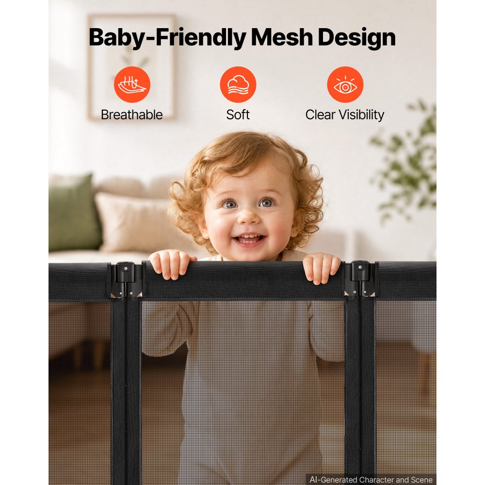 VEVOR Freestanding Dog Gate 29" Tall 6-Panel Foldable Mesh Pet Gate Black, For Stairs Doorways, Breathable and Soft Mesh, Freestanding or Wall Mount, Flexible Shapes, Extra-Wide Design, Easy to Store