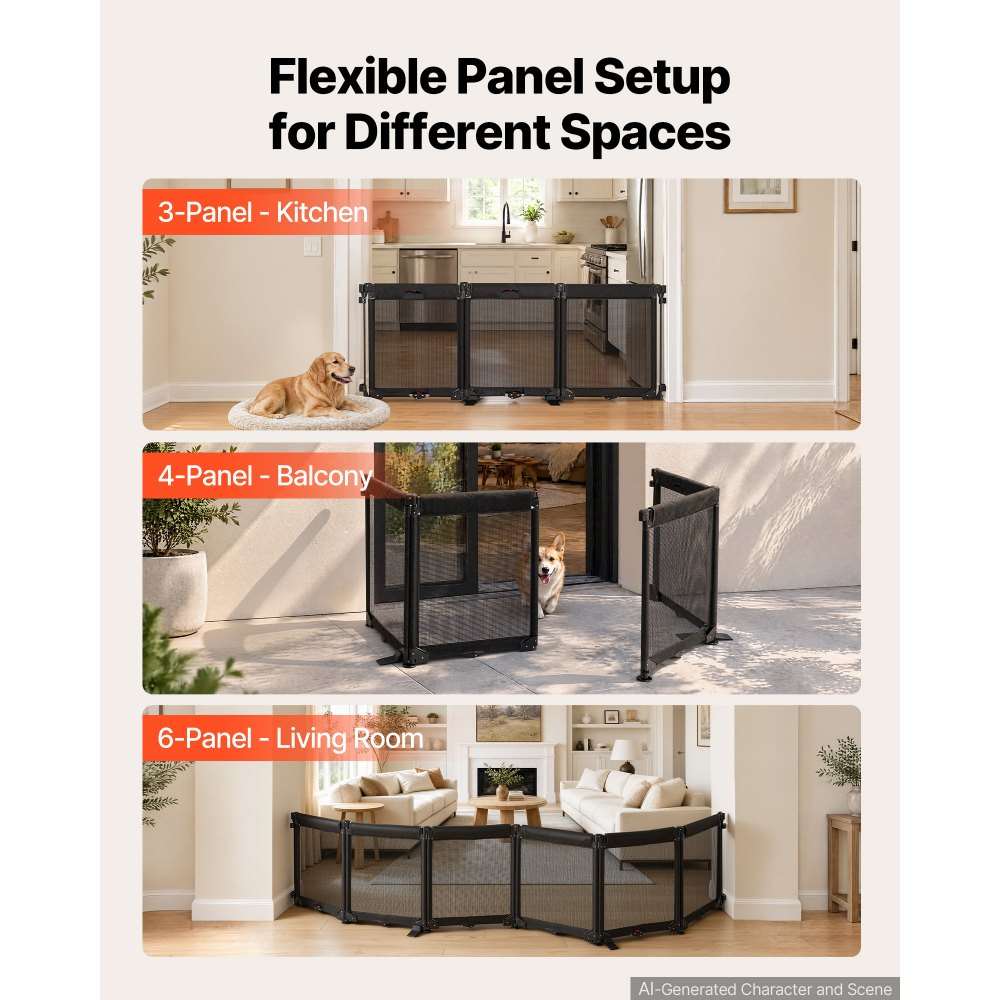 VEVOR Freestanding Dog Gate 29" Tall 6-Panel Foldable Mesh Pet Gate Black, For Stairs Doorways, Breathable and Soft Mesh, Freestanding or Wall Mount, Flexible Shapes, Extra-Wide Design, Easy to Store