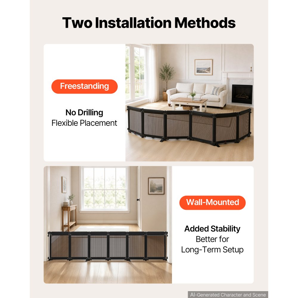 VEVOR Freestanding Dog Gate 29" Tall 6-Panel Foldable Mesh Pet Gate Black, For Stairs Doorways, Breathable and Soft Mesh, Freestanding or Wall Mount, Flexible Shapes, Extra-Wide Design, Easy to Store
