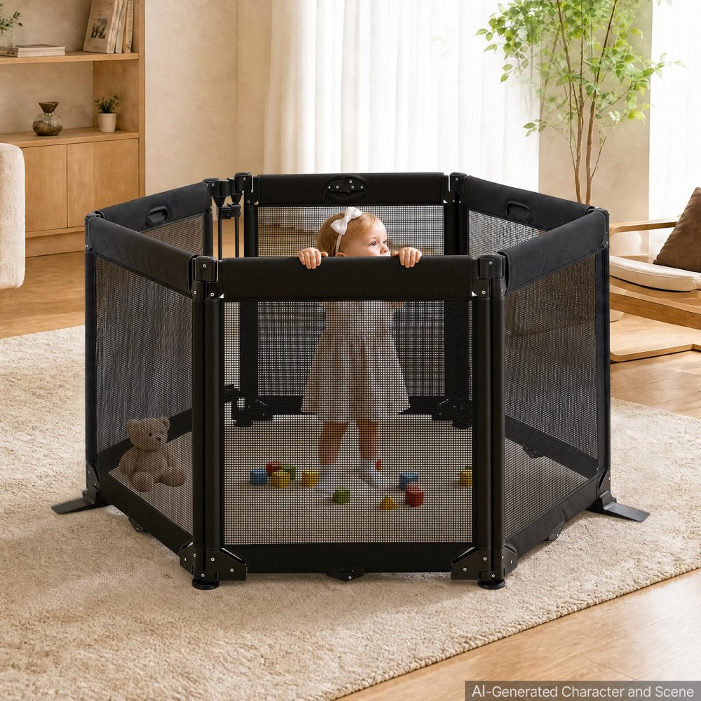 VEVOR Freestanding Dog Gate 29" Tall 6-Panel Foldable Mesh Pet Gate Black, For Stairs Doorways, Breathable and Soft Mesh, Freestanding or Wall Mount, Flexible Shapes, Extra-Wide Design, Easy to Store