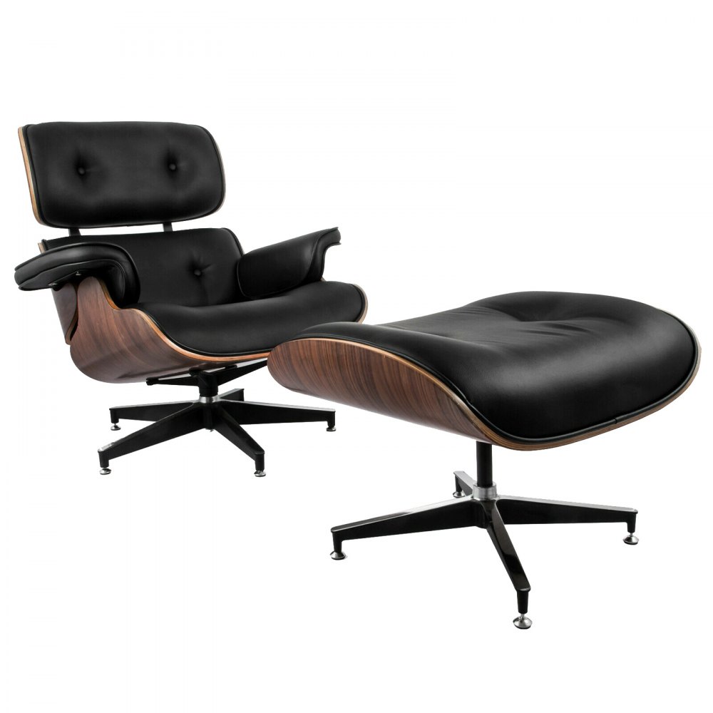VEVOR Classic Lounge Chair Recliner Chair with Ottoman Mid Century Classic Lounge Chair PU Leather Chair Black Rosewood  Living Room Luxurious Walnut Plywood Chair for Living Room Bedroom