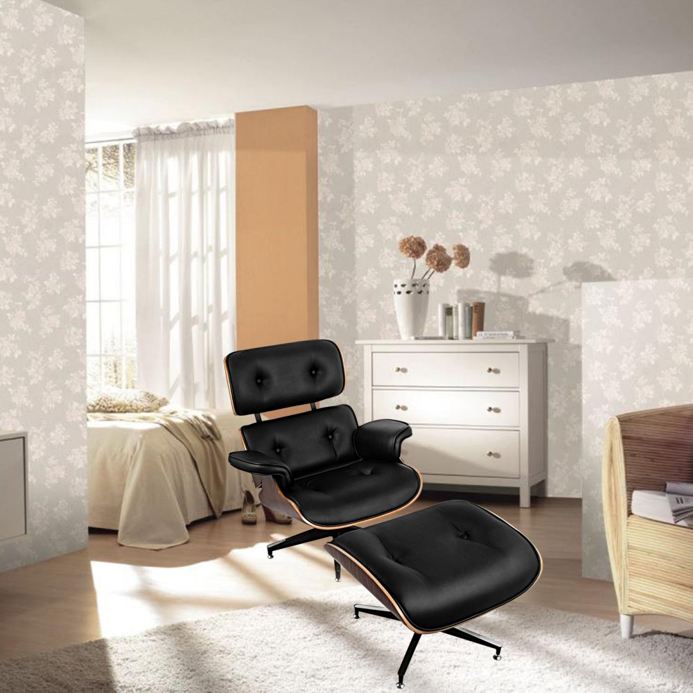 VEVOR Classic Lounge Chair Recliner Chair with Ottoman Mid Century Classic Lounge Chair PU Leather Chair Black Rosewood  Living Room Luxurious Walnut Plywood Chair for Living Room Bedroom