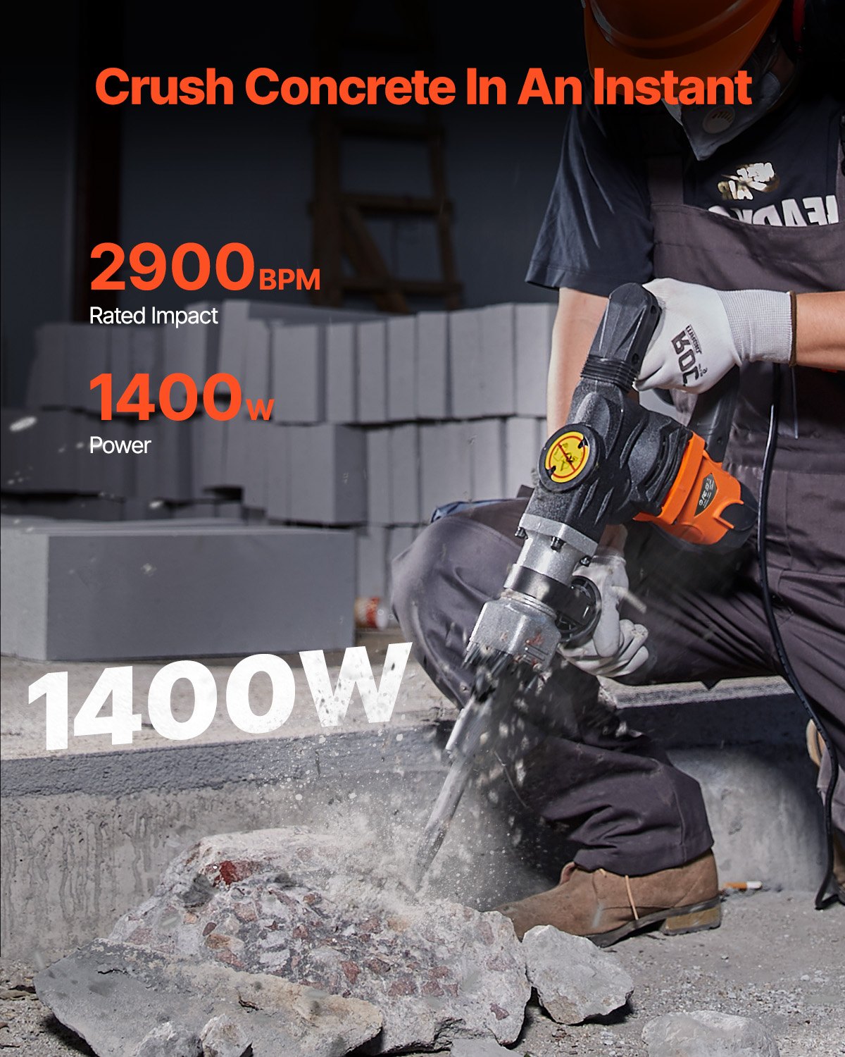 VEVOR Demolition Jack Hammer, 1400W Electric Jackhammer Heavy Duty, 2900 BPM Concrete Breaker, 2pcs Chisels Bits Chipping with Case, Gloves