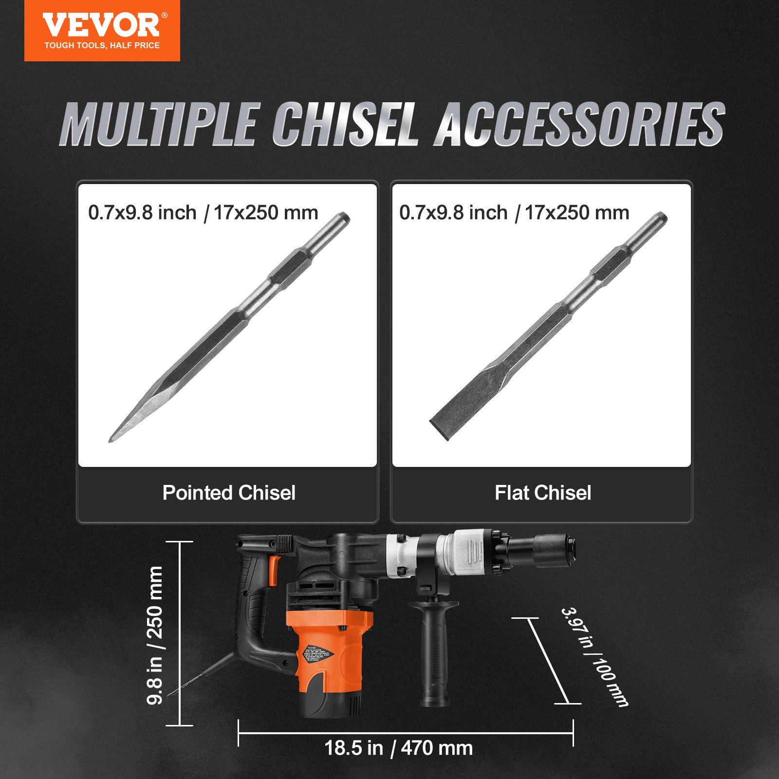 VEVOR Demolition Jack Hammer Concrete Breaker 1600W Electric Hammer 2 Chisel Bit