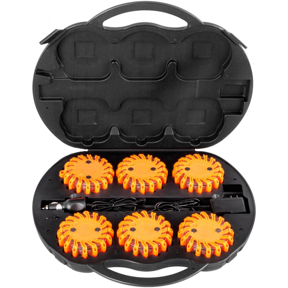 6PC Rechargeable LED Disc Road Flares Emergency Strobe Light Kit Magnetic Base
