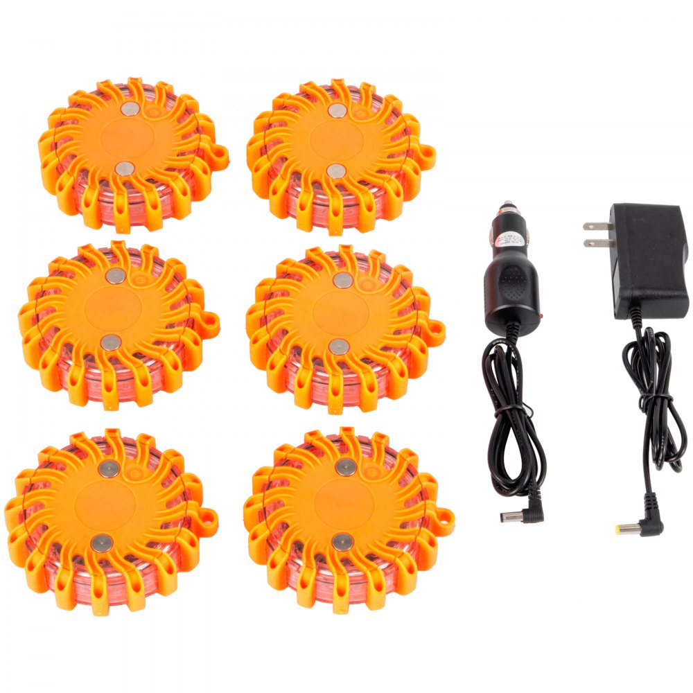 6PC Rechargeable LED Disc Road Flares Emergency Strobe Light Kit Magnetic Base