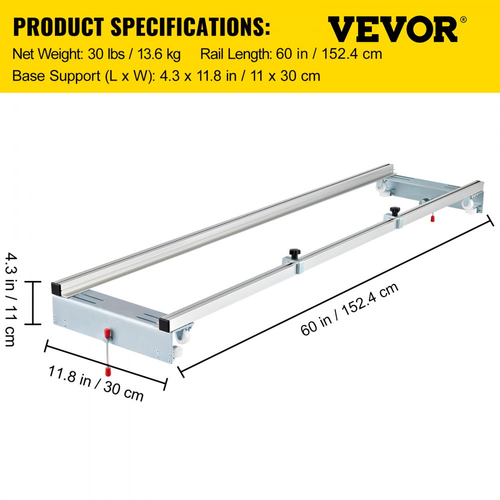 VEVOR router sled with 60-inch rail length and detailed specifications.