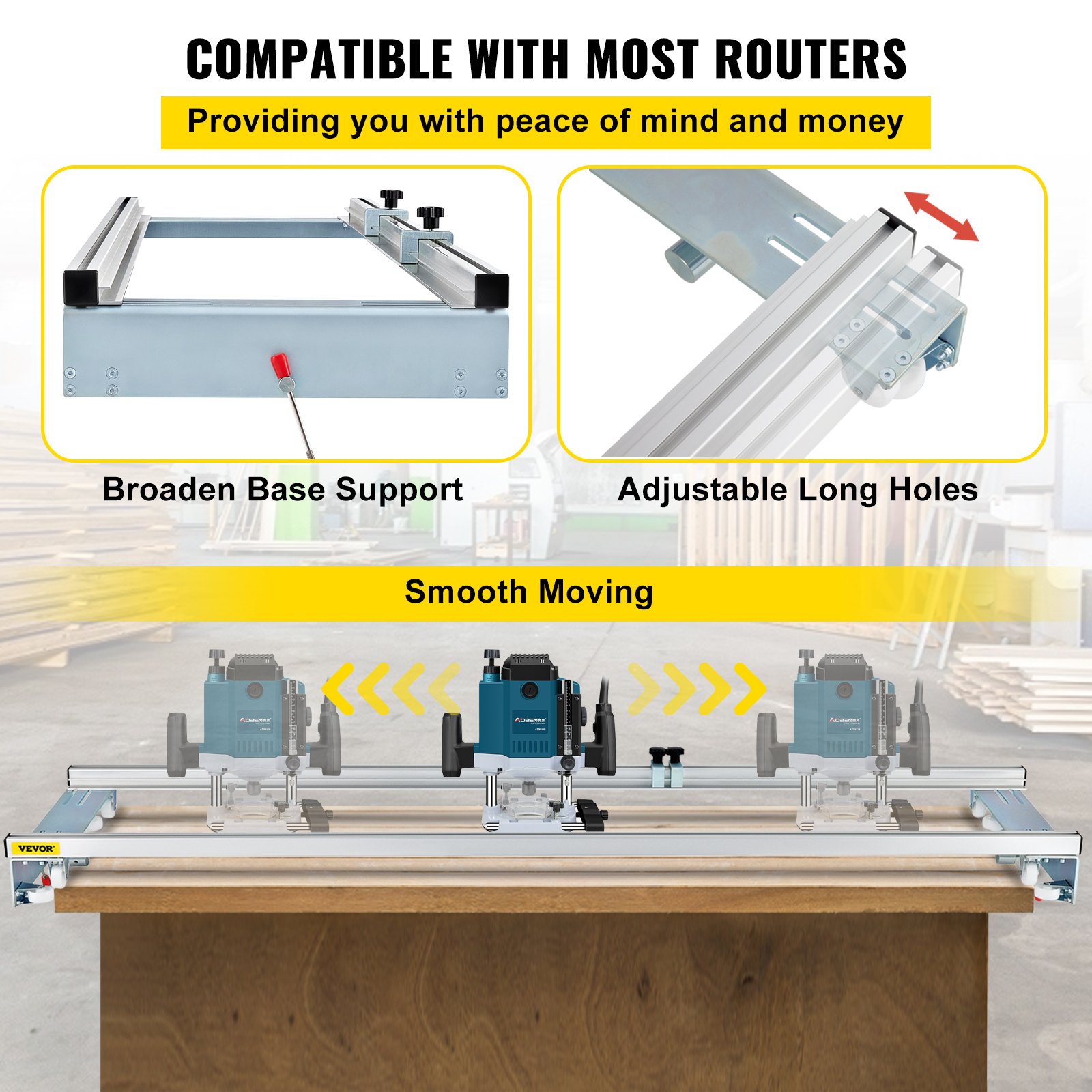 VEVOR router sled with adjustable long holes and broaden base support for smooth moving.