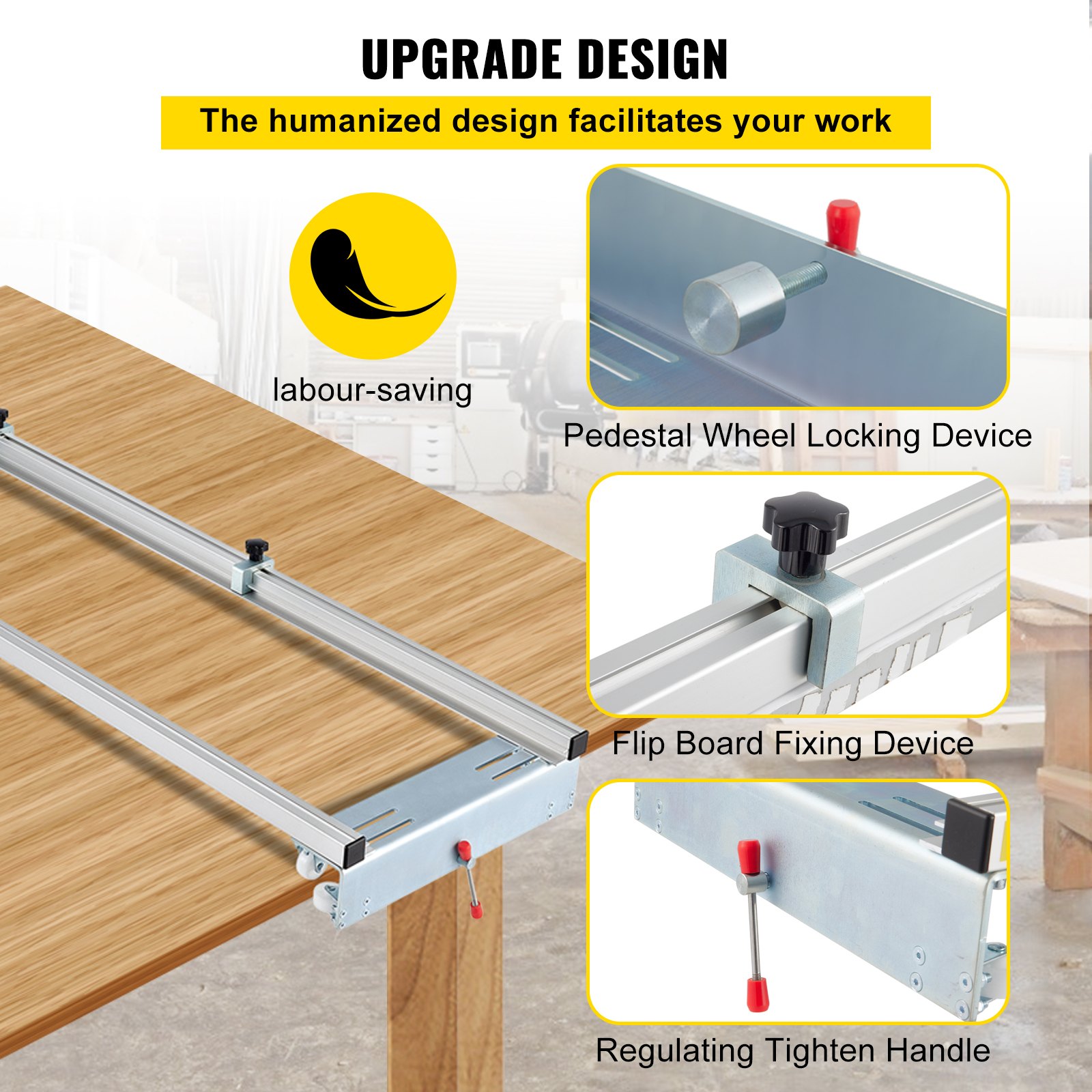 VEVOR router sled with flip board fixing and pedestal wheel locking devices.
