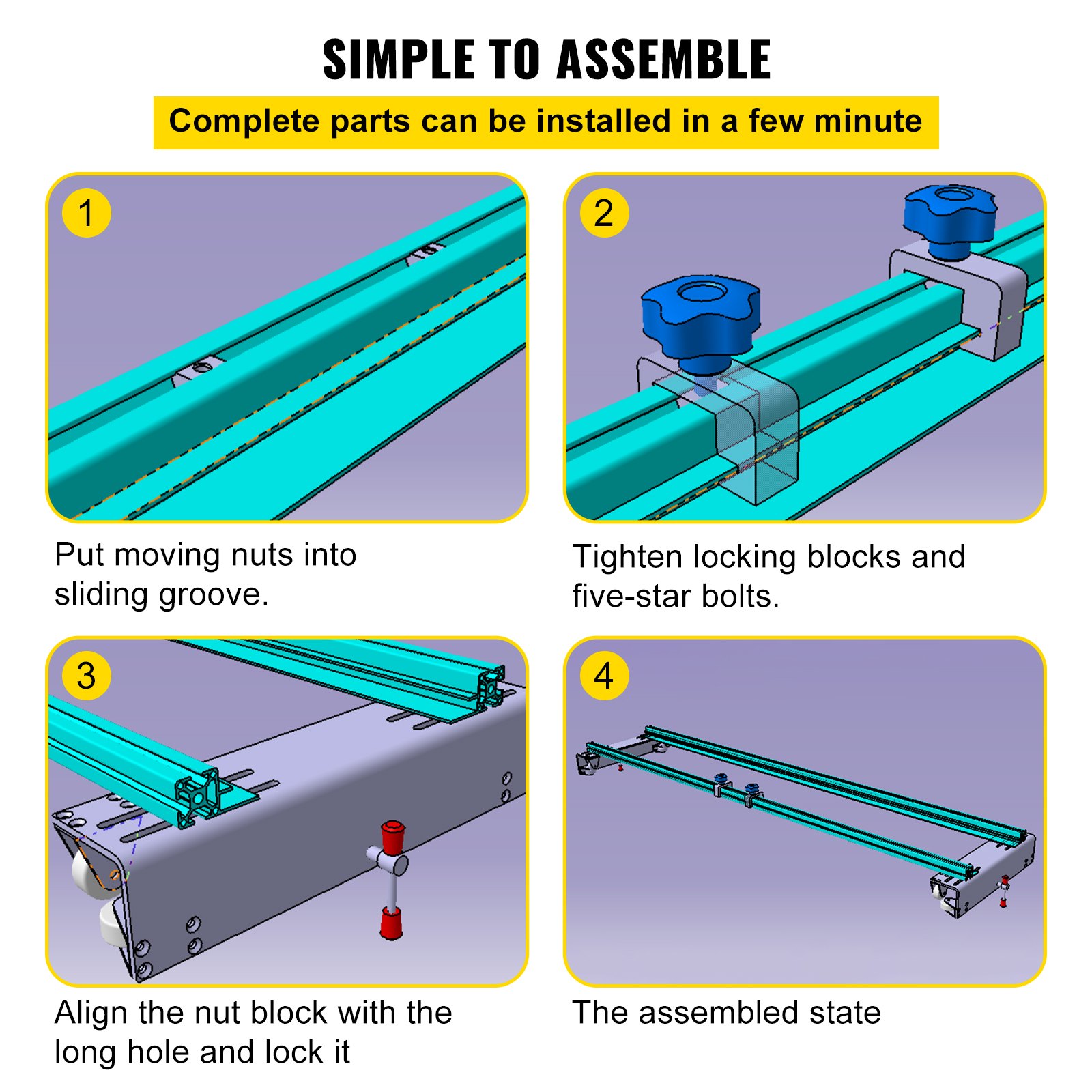 VEVOR router sled assembly steps: insert nuts, tighten bolts, align block, assembled state.