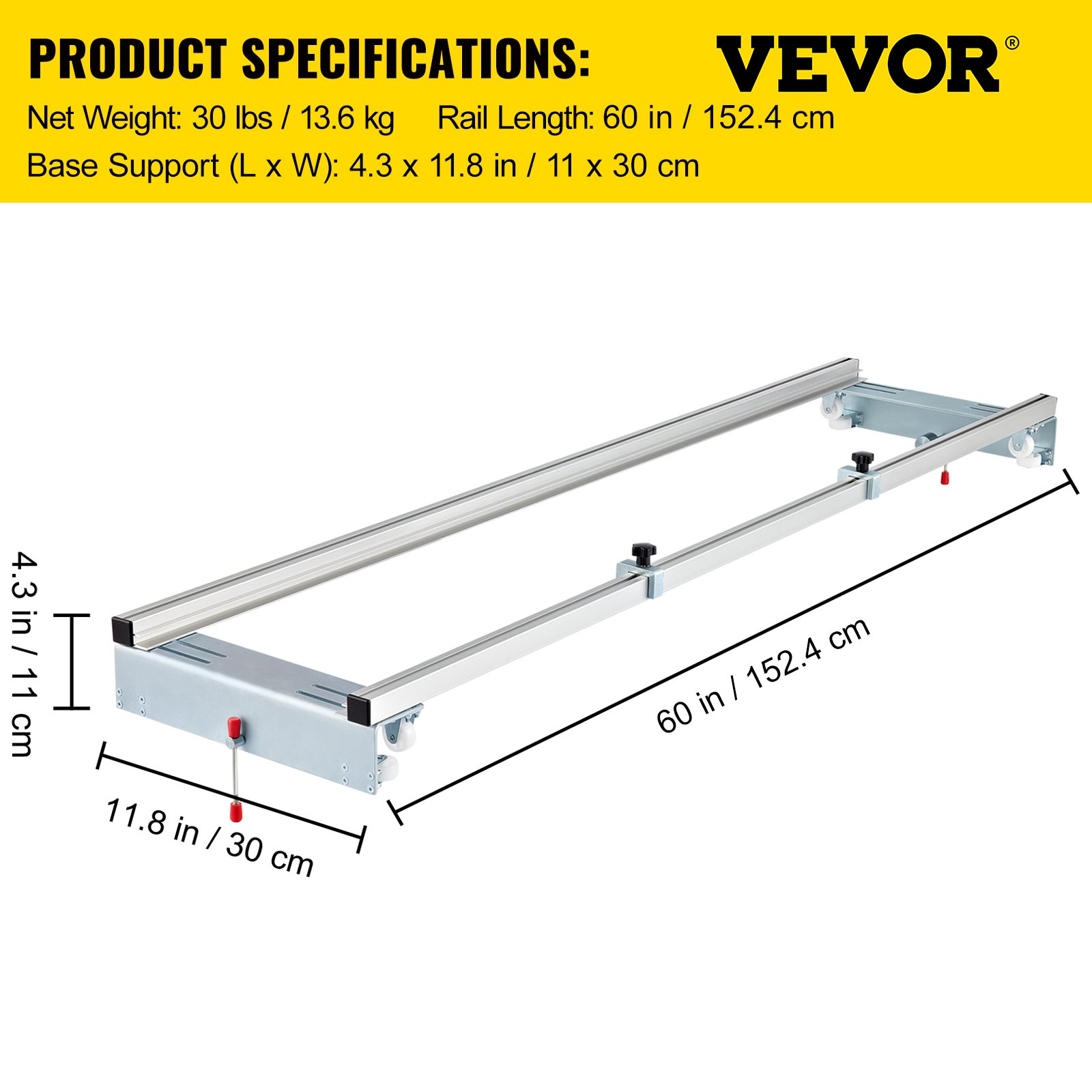 VEVOR router sled with 60-inch rail length and detailed specifications.