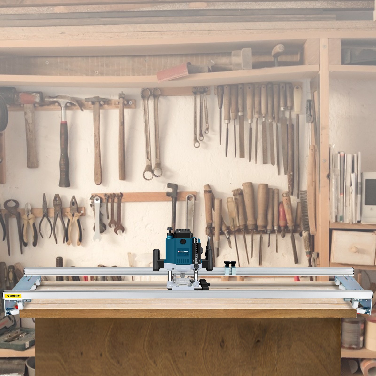 VEVOR router sled on a workbench in a workshop, tools hanging on wall behind.