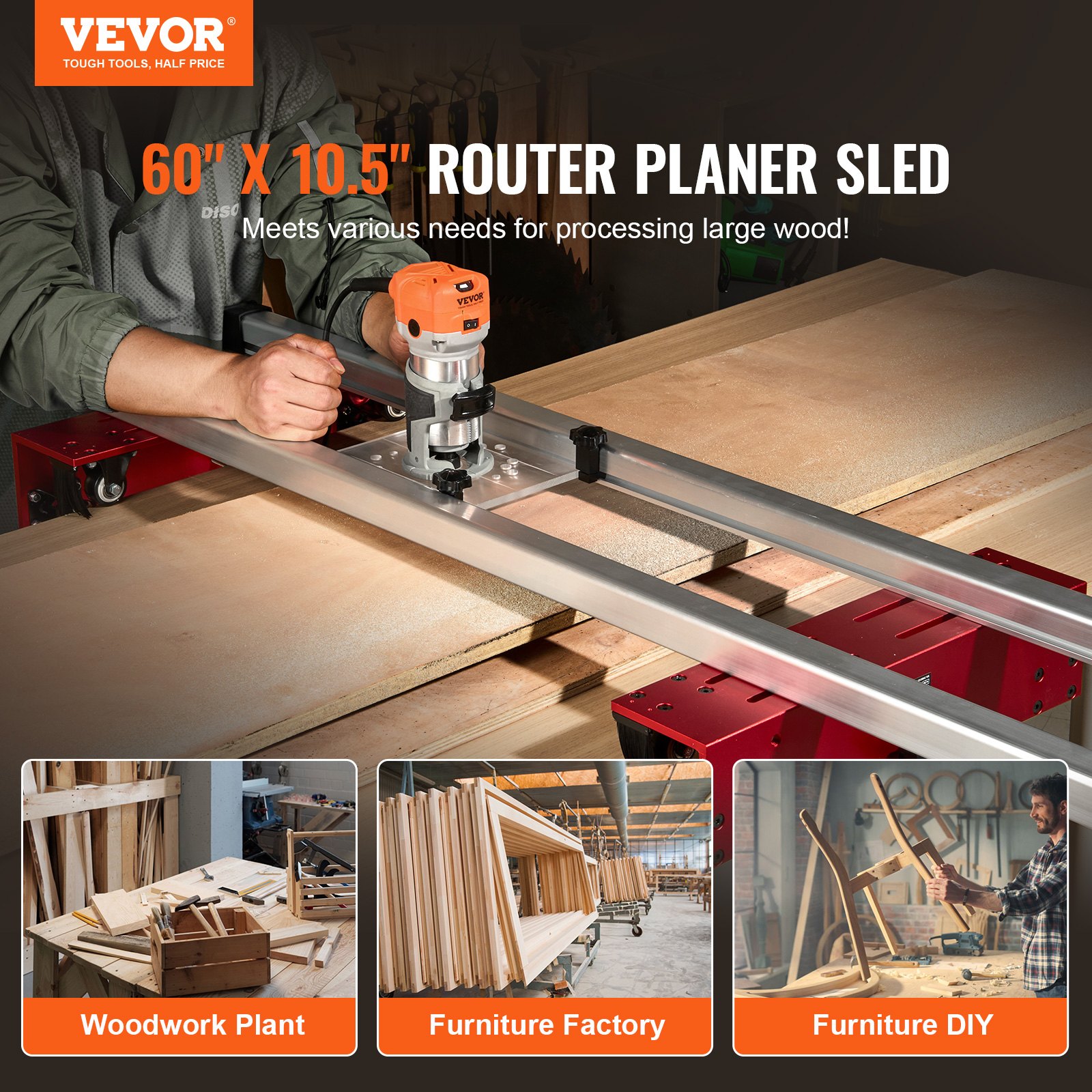 VEVOR Router Sled, 60 inches, Portable and Adjustable Slab Flattening Jig DIY Woodworking Router Sled for Flattening Slabs for Wood Flattening, Home DIY