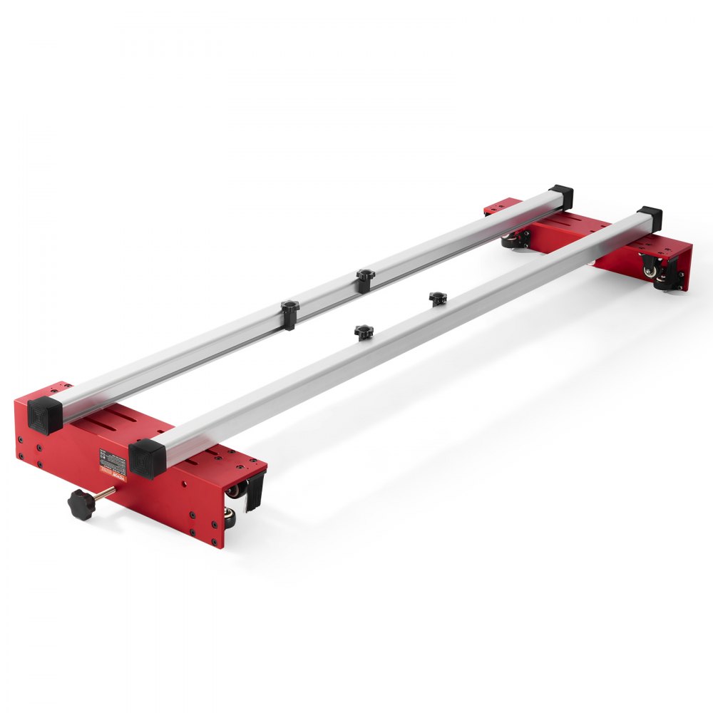 VEVOR router sled with red steel frame and adjustable aluminum rails for precision woodworking.