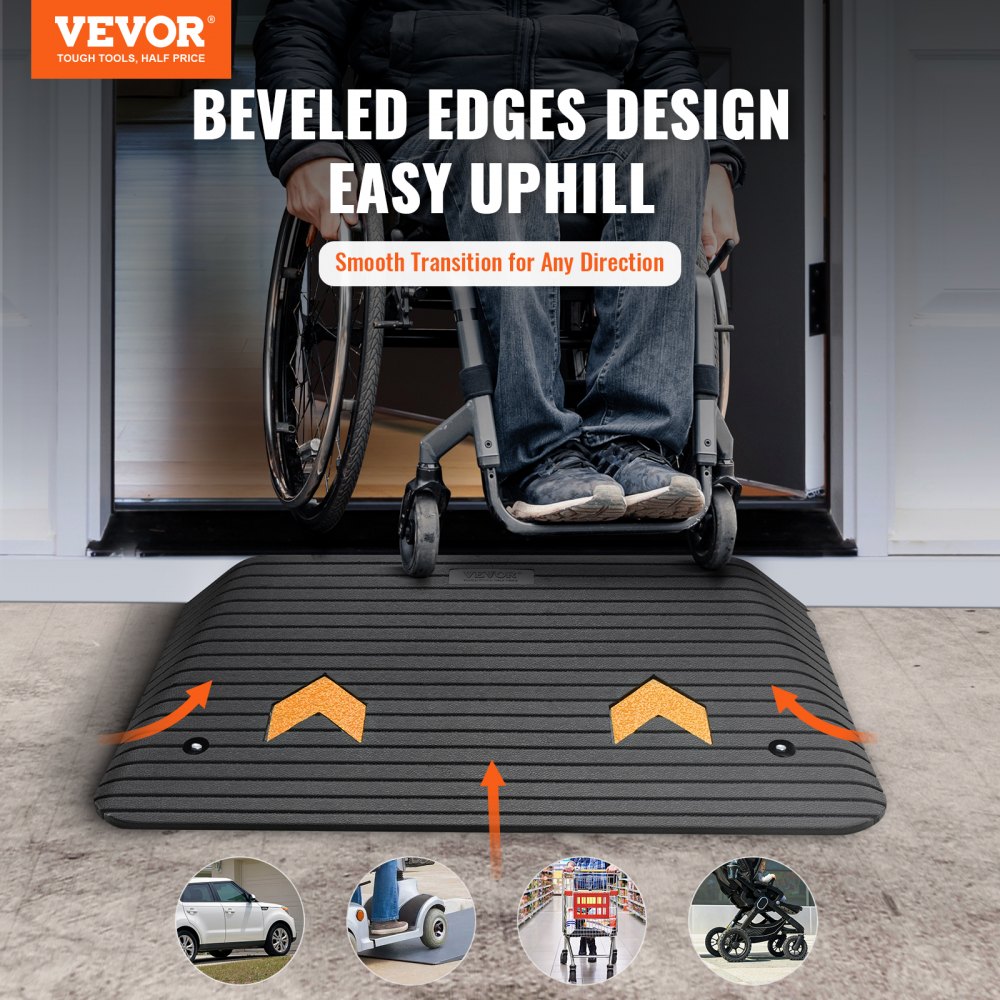 VEVOR Upgraded Rubber Threshold Ramp, 8.9 cm Rise Door Ramp with 1 Channel, Natural Rubber Car Ramp with Non-Slip Textured Surface, 15 tons Load Capacity Curb Ramp for Wheelchair and Scooter