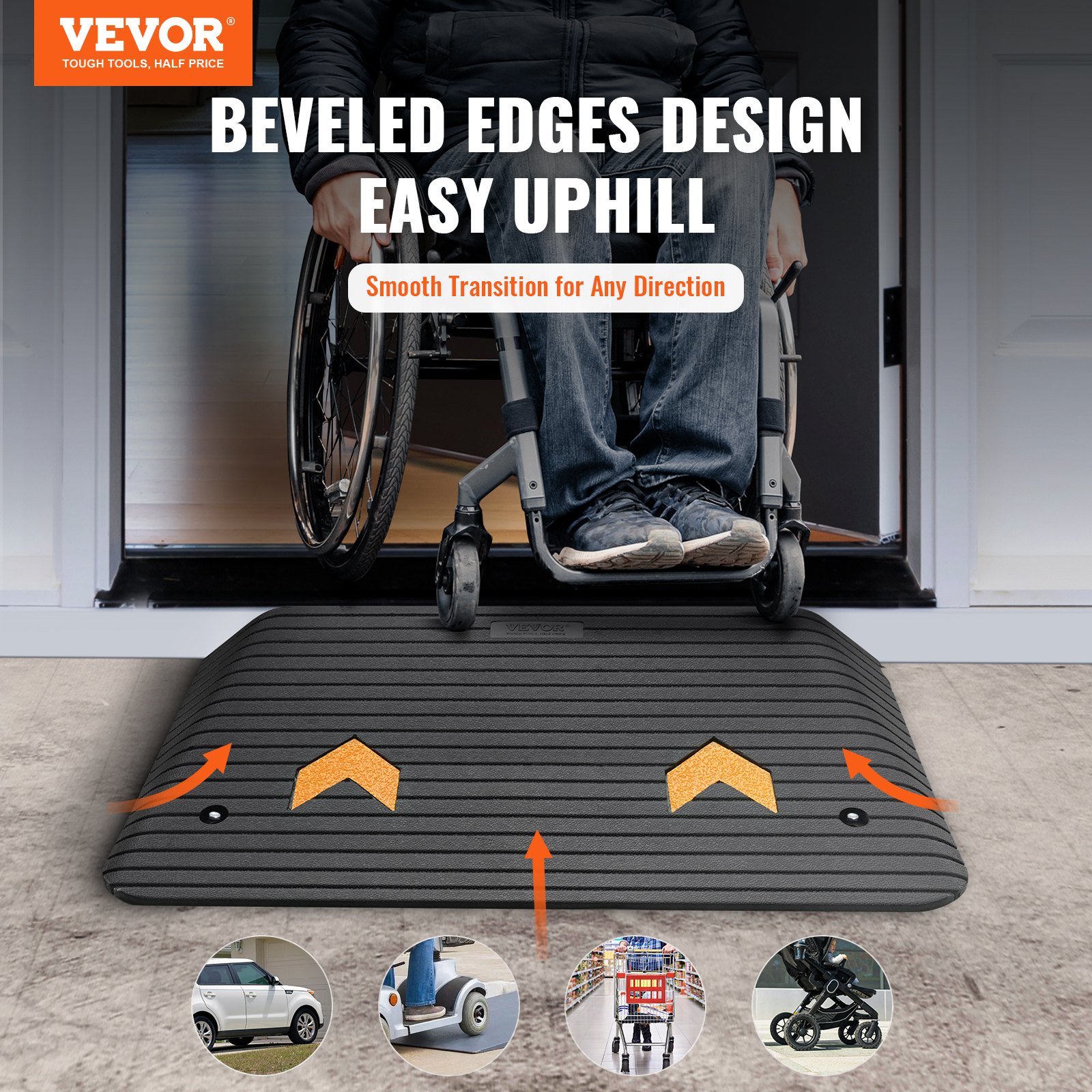 VEVOR Upgraded Rubber Threshold Ramp, 3.5" Rise Door Ramp with 1 Channel, Natural Rubber Car Ramp with Non-Slip Textured Surface, 33069 lbs Load Capacity Curb Ramp for Wheelchair and Scooter