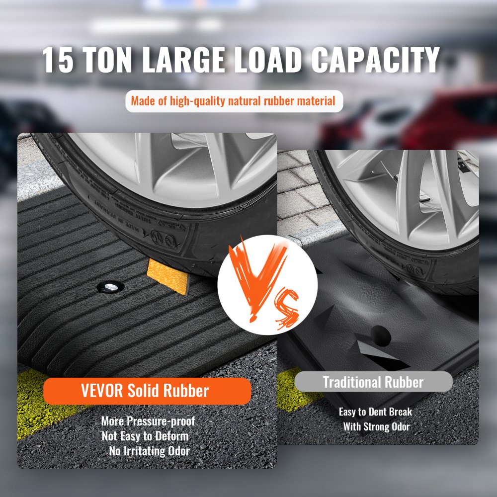 VEVOR rubber threshold ramp vs traditional rubber, 15-ton load capacity, high-quality natural rubber.
