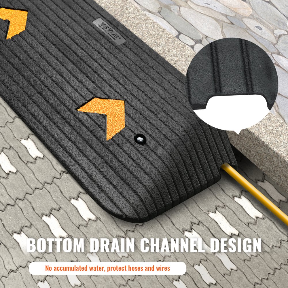 VEVOR rubber threshold ramp with yellow arrows, bottom drain channel design, and cable protection.