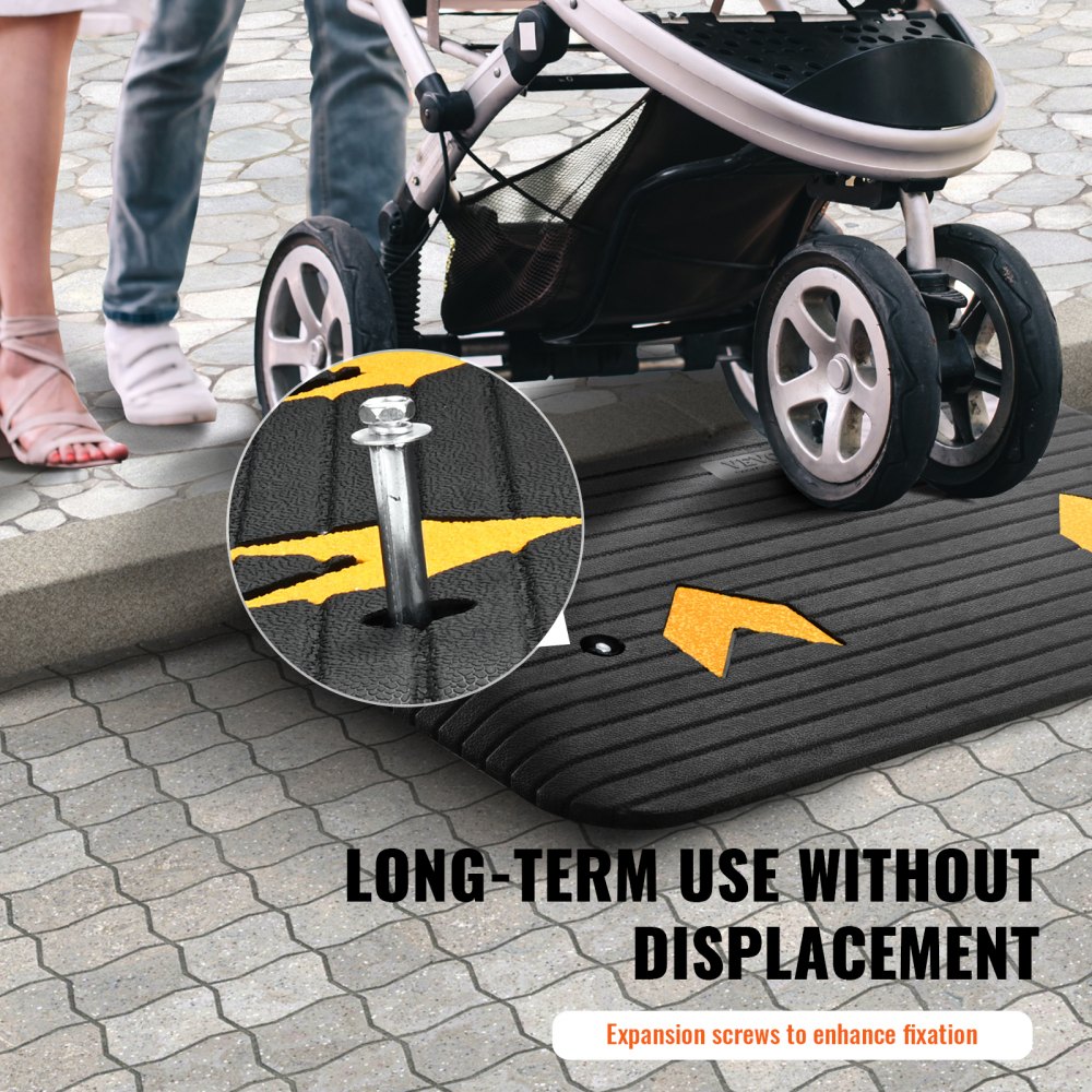 VEVOR rubber threshold ramp for stroller access, featuring anti-slip yellow arrows and expansion screws.