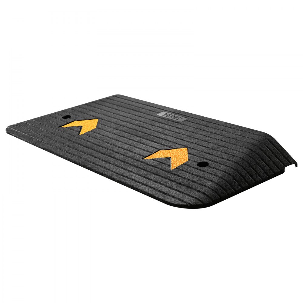 black rubber ramp with yellow arrows on ridged surface, labeled VEVOR rubber threshold ramp.