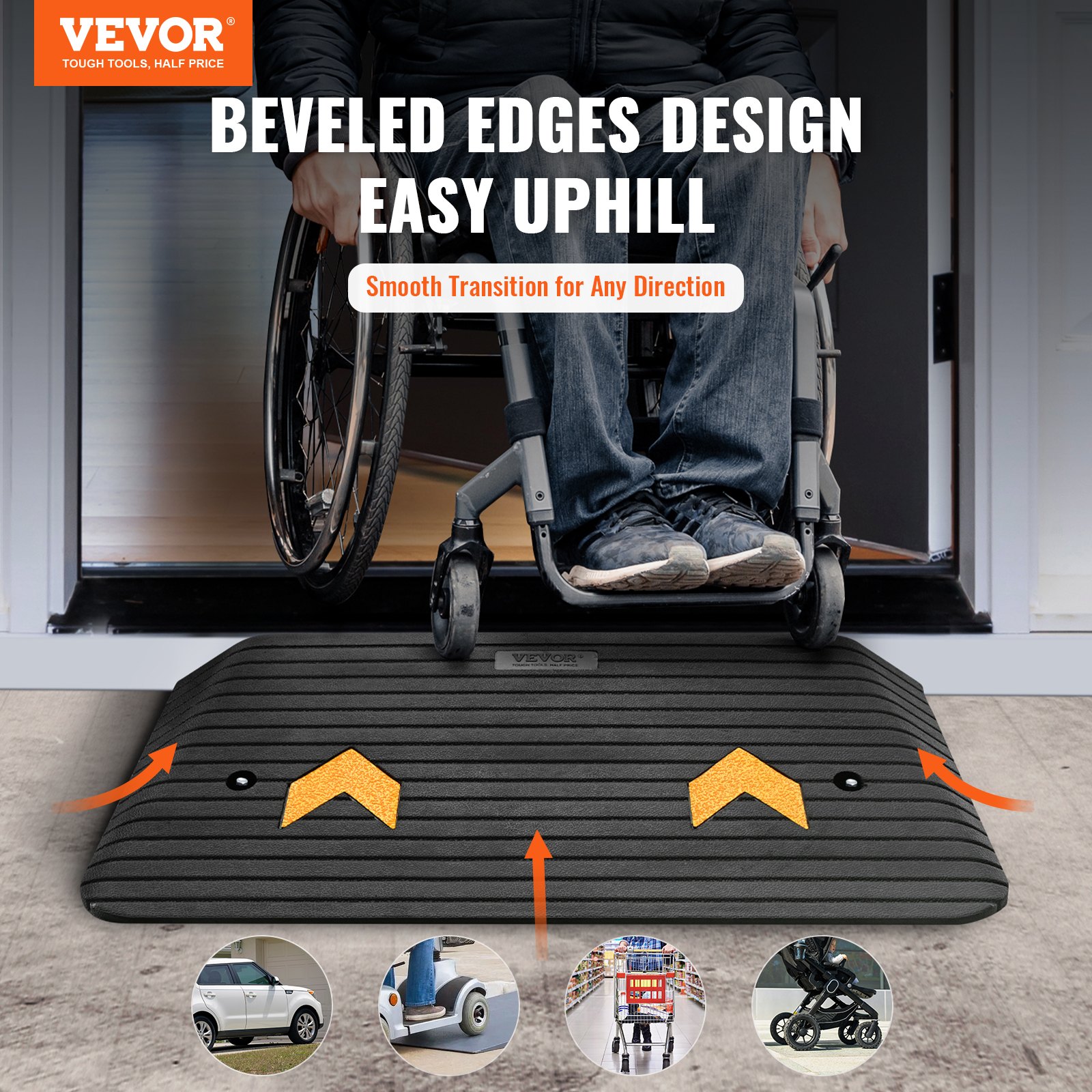 wheelchair user on VEVOR rubber threshold ramp with beveled edges for easy uphill transition.