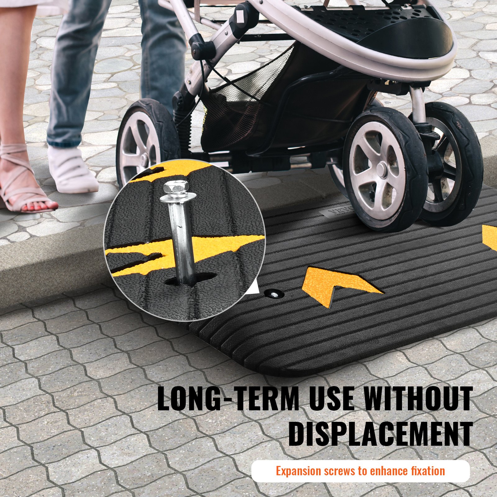 VEVOR rubber threshold ramp for stroller access, featuring anti-slip yellow arrows and expansion screws.