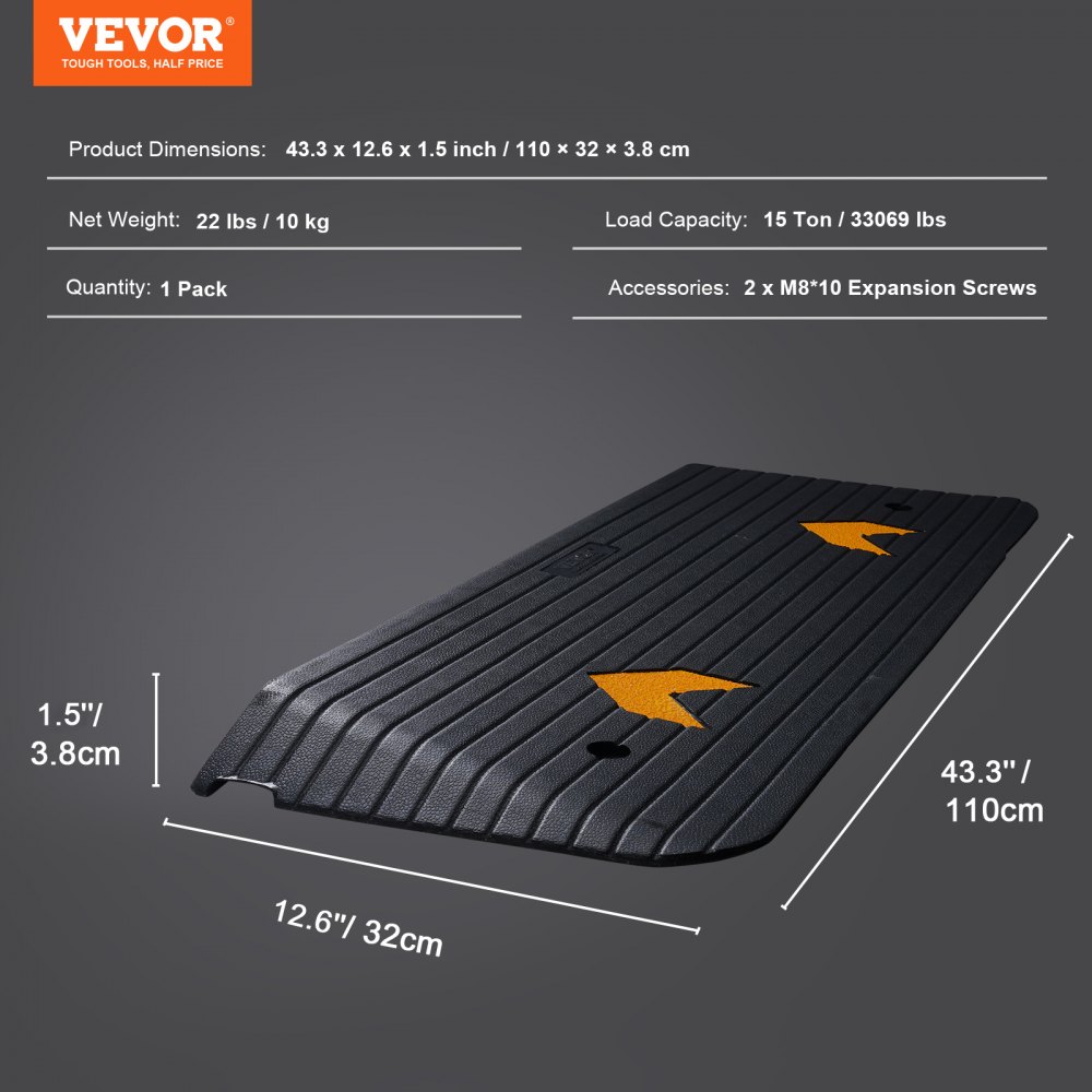 VEVOR Upgradovaná pryžová prahová rampa, 1,5" zvedací dveře rampy pro invalidní vozíky, přírodní obrubníková rampa Jmenovitá nosnost 33069 lb, protiskluzová pryžová rampa s texturovaným povrchem pro invalidní vozík a skútr