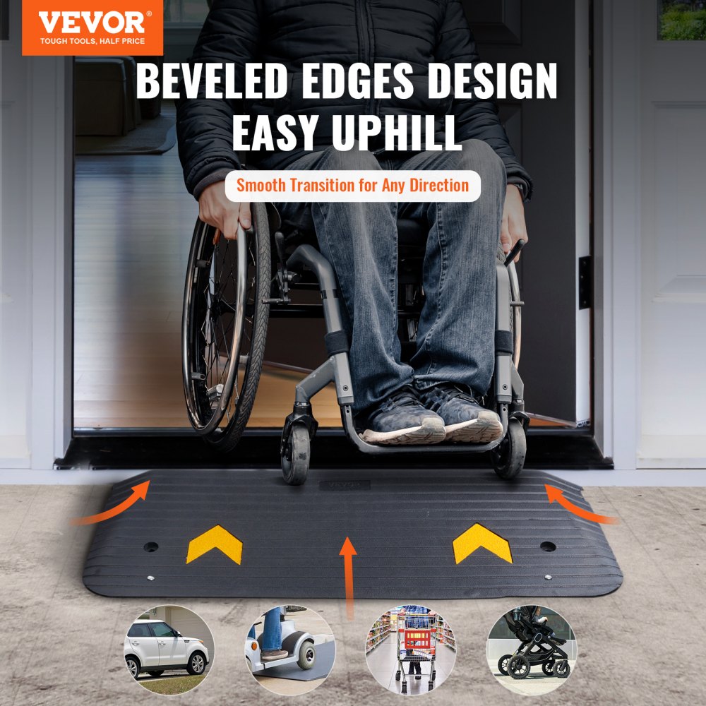 VEVOR Upgraded Rubber Threshold Ramp, 3.8 cm Rise Wheelchair Ramp Doorway, Natural Curb Ramp Rated 15 tons Load Capacity, Non-Slip Textured Surface Rubber Curb Ramp for Wheelchair and Scooter