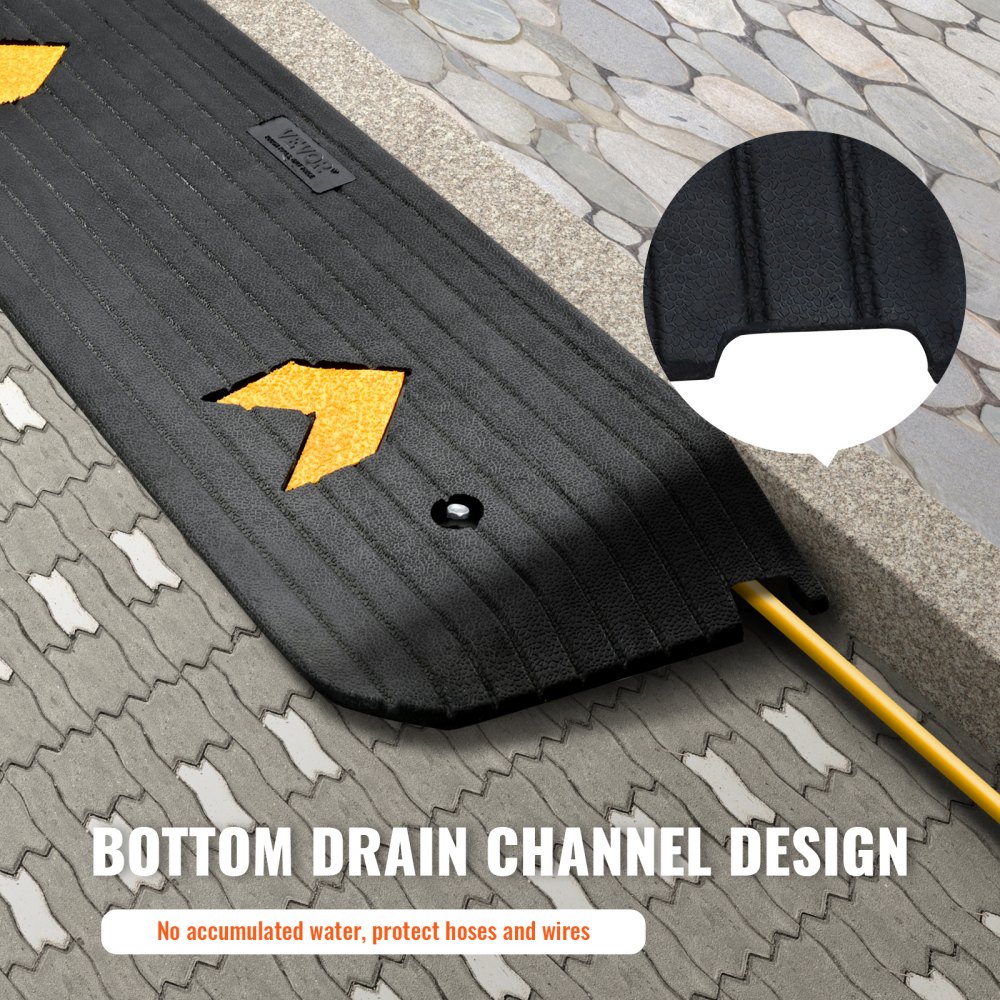 VEVOR rubber threshold ramp with bottom drain channel, yellow stripes, and cable protection.