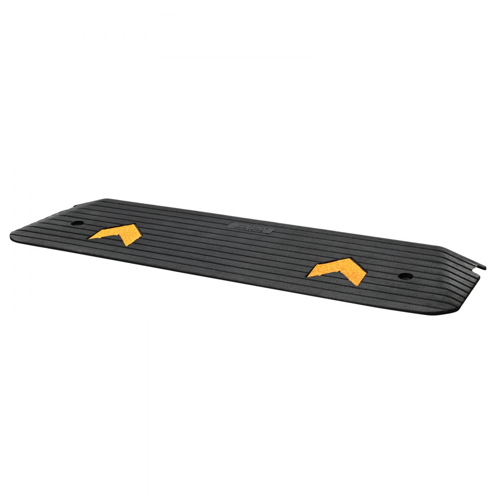 black VEVOR rubber threshold ramp with yellow traction strips.