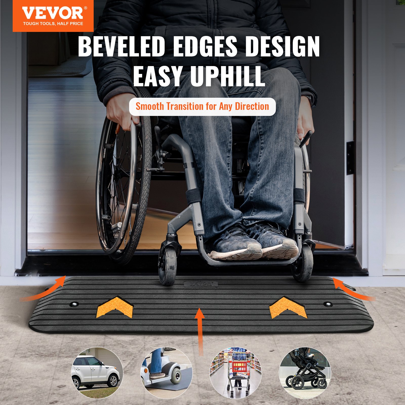 VEVOR rubber threshold ramp providing smooth wheelchair access with beveled edges for easy uphill transition.