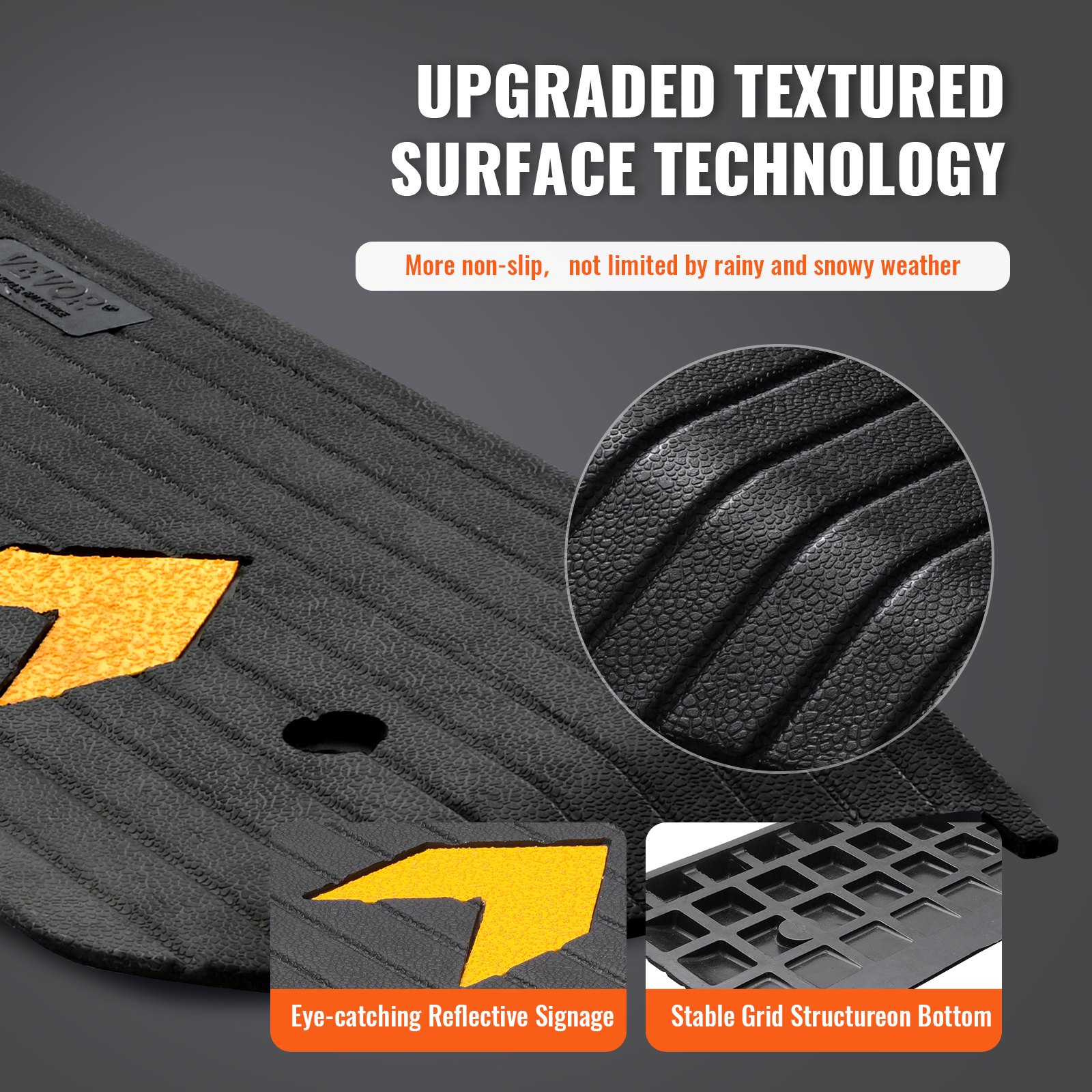 VEVOR rubber threshold ramp with non-slip textured surface and reflective signage for all-weather use.
