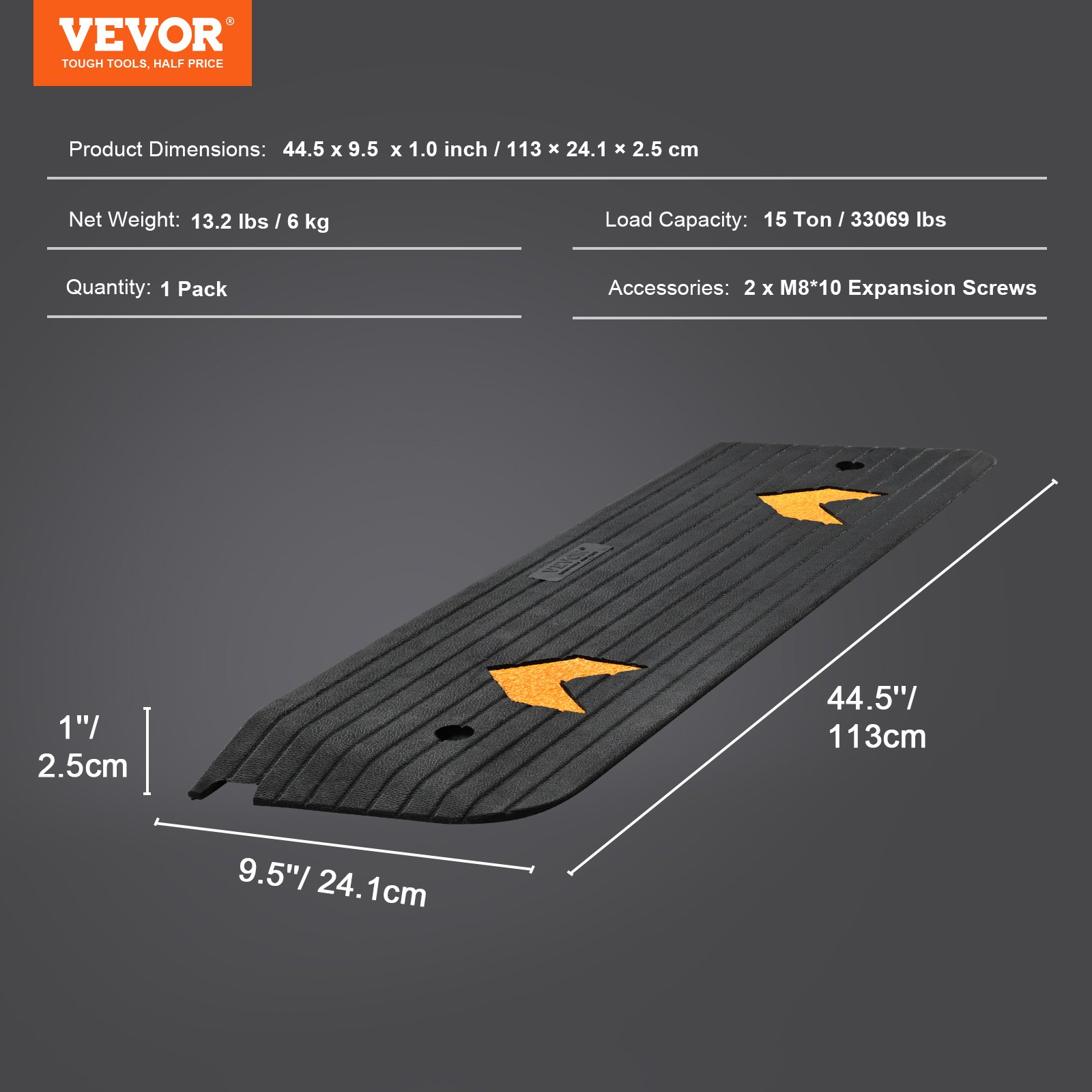 VEVOR rubber threshold ramp with dimensions and yellow directional arrows on a dark background.