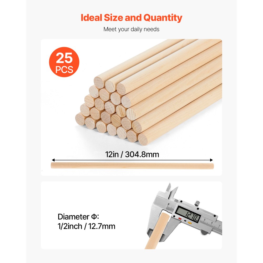 VEVOR 25Pcs Wooden Dowel Rods 1/2 x 12 Inch Natural Birch Wood Sticks Dowels, Unfinished Hardwood Sticks for Craft and DIY Projects, One-Piece Cutting & Smooth Surface & Easy to Color and Paint