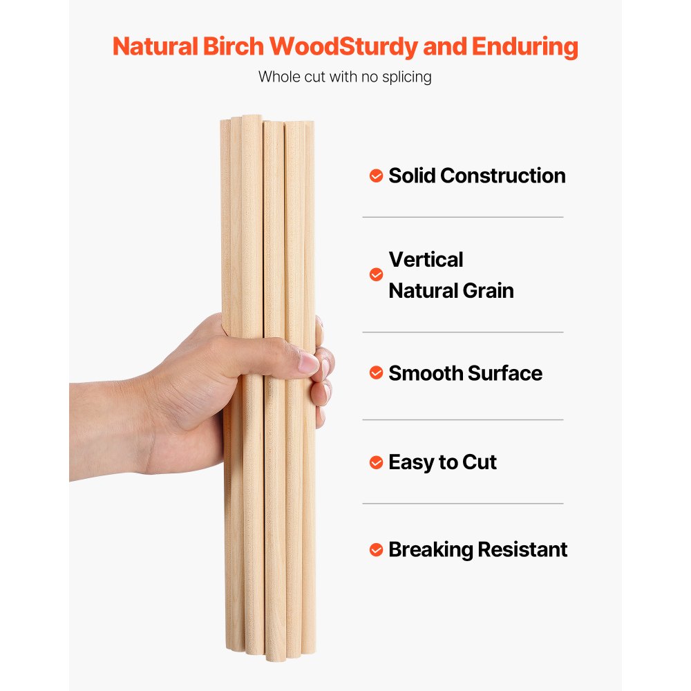 VEVOR 25Pcs Wooden Dowel Rods 1/2 x 12 Inch Natural Birch Wood Sticks Dowels, Unfinished Hardwood Sticks for Craft and DIY Projects, One-Piece Cutting & Smooth Surface & Easy to Color and Paint