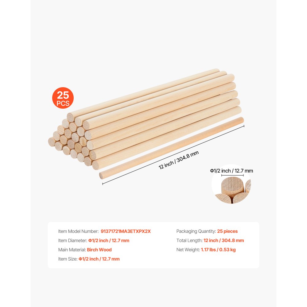 VEVOR 25Pcs Wooden Dowel Rods 1/2 x 12 Inch Natural Birch Wood Sticks Dowels, Unfinished Hardwood Sticks for Craft and DIY Projects, One-Piece Cutting & Smooth Surface & Easy to Color and Paint