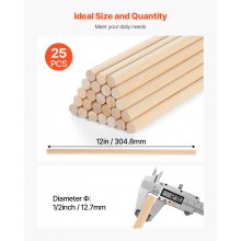 25Pcs Wooden Dowel Rods 1/2 x 12 Inch Natural Wood Sticks for Craft DIY