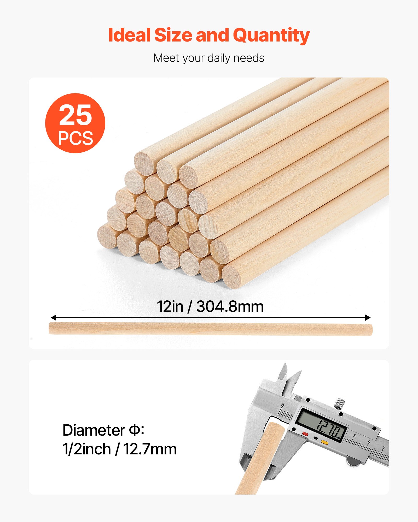 VEVOR 25Pcs Wooden Dowel Rods 1/2 x 12 Inch Natural Birch Wood Sticks Dowels, Unfinished Hardwood Sticks for Craft and DIY Projects, One-Piece Cutting & Smooth Surface & Easy to Color and Paint