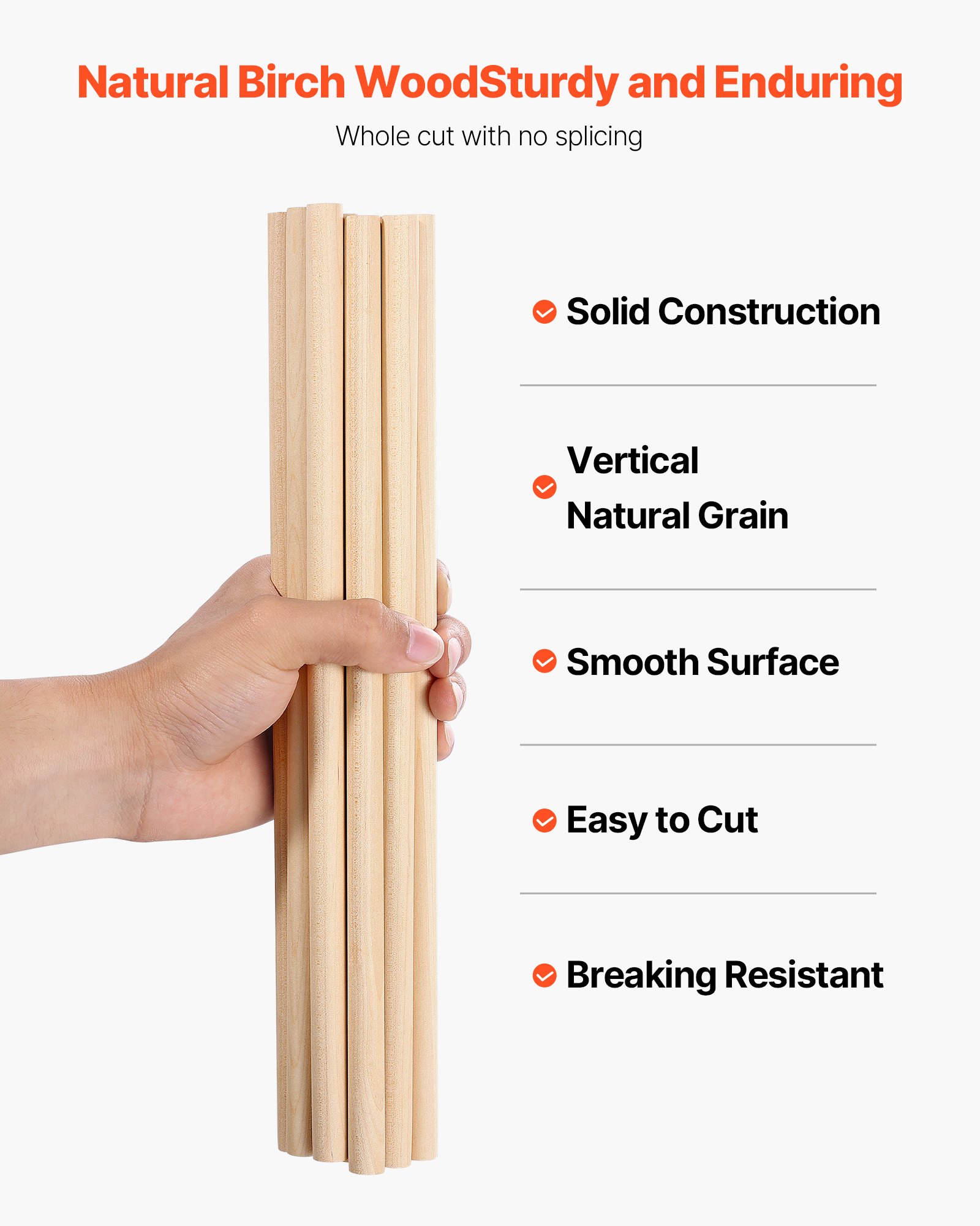 VEVOR 25Pcs Wooden Dowel Rods 1/2 x 12 Inch Natural Birch Wood Sticks Dowels, Unfinished Hardwood Sticks for Craft and DIY Projects, One-Piece Cutting & Smooth Surface & Easy to Color and Paint